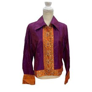 Coldwater Creek Womens Top Sz M 100% Silk Asian Inspired Long Sleeve Beaded